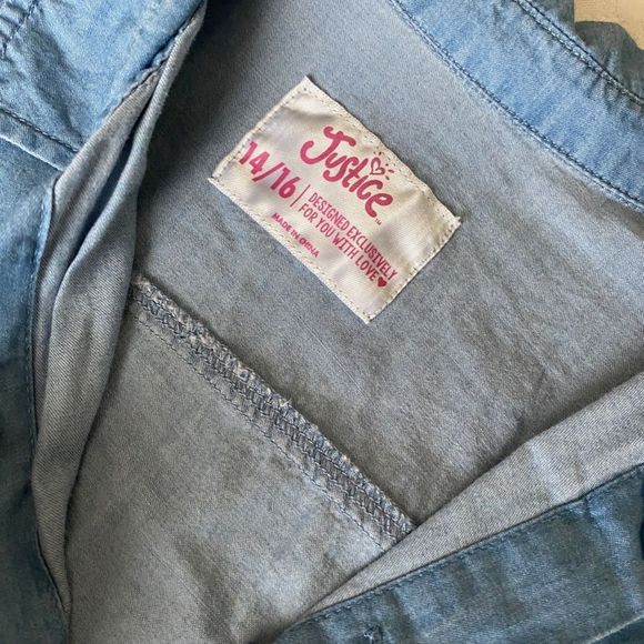 JUSTICE Button Down Denim Long Sleeve w/ front knot Shirt Size 16 - Picture 2 of 7